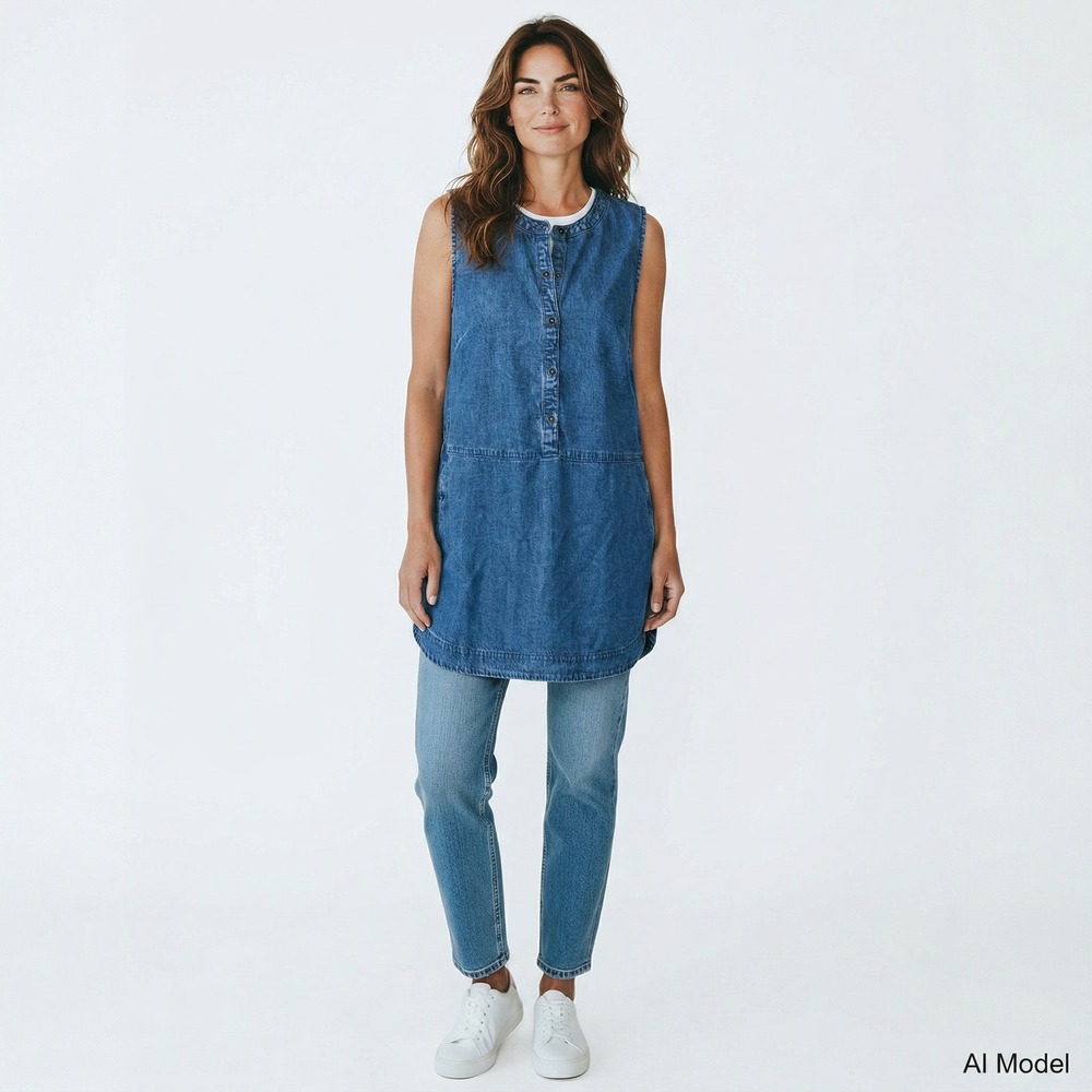 J. Jill Denim Blue Chambray Sleeveless Blouse Linen Lyocell Tunic Top Womens XS